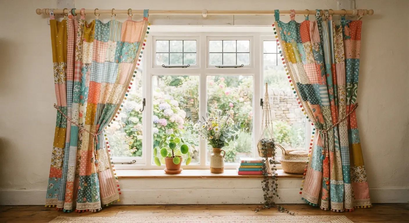Handmade patchwork curtains creating a cozy window styling for home interiors
